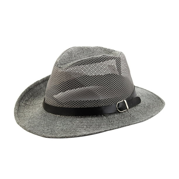 Summer Outdoor Linen Adjustable Chin Strap Beach Mesh Cap Net Sunhat Cowboy Hat